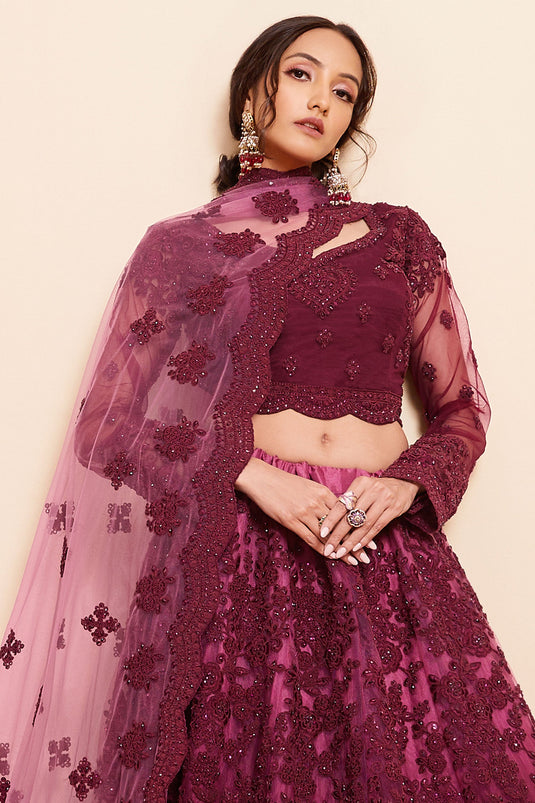 Net Fabric Burgundy Color Beatific Look Embroidered Lehenga