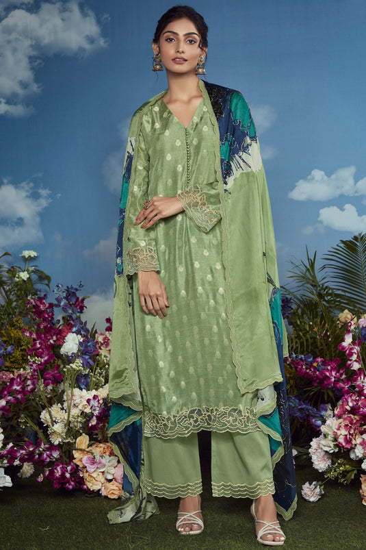 Organza Fabric Embroidered Function Wear Palazzo Salwar Kameez In Sea Green Color