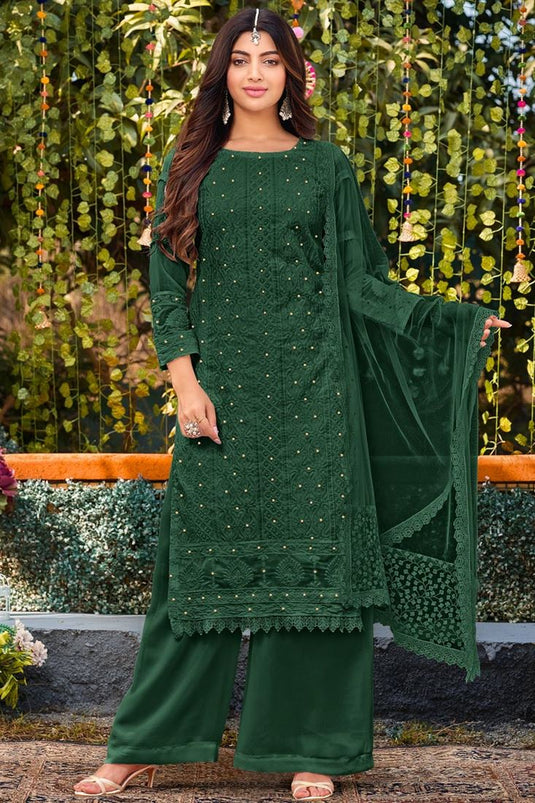 Akanksha Puri Fascinating Dark Green Color Georgette Fabric Palazzo Suit