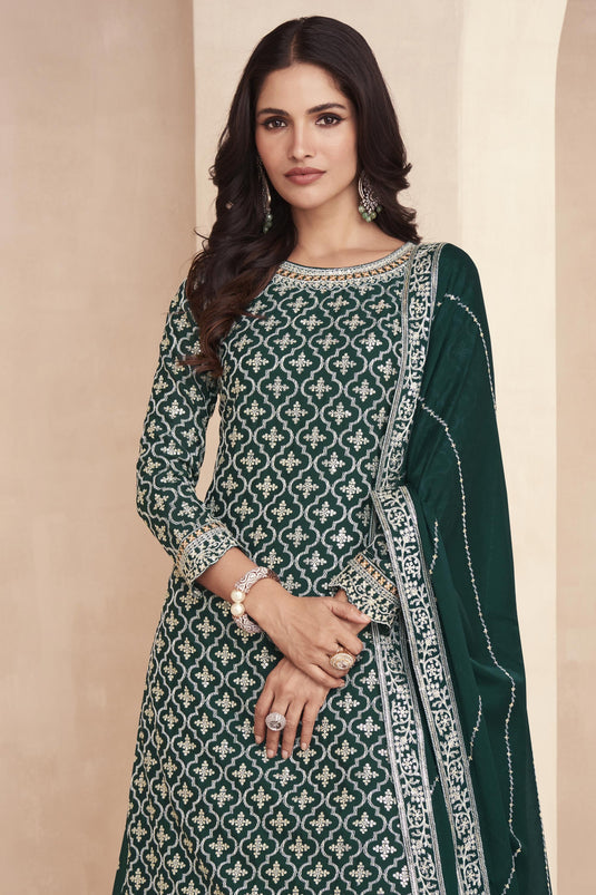 Chinon Silk Fabric Embroidered Readymade Sharara Top Lehenga In Dark Green Color