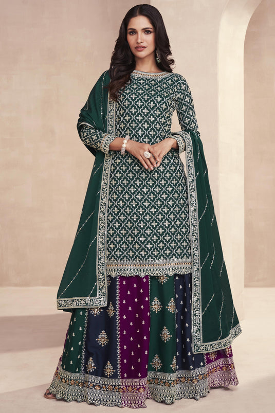 Chinon Silk Fabric Embroidered Readymade Sharara Top Lehenga In Dark Green Color