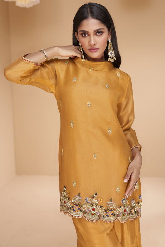 Radiant Mustard Color Readymade Sharara Suit In Organza Silk Fabric