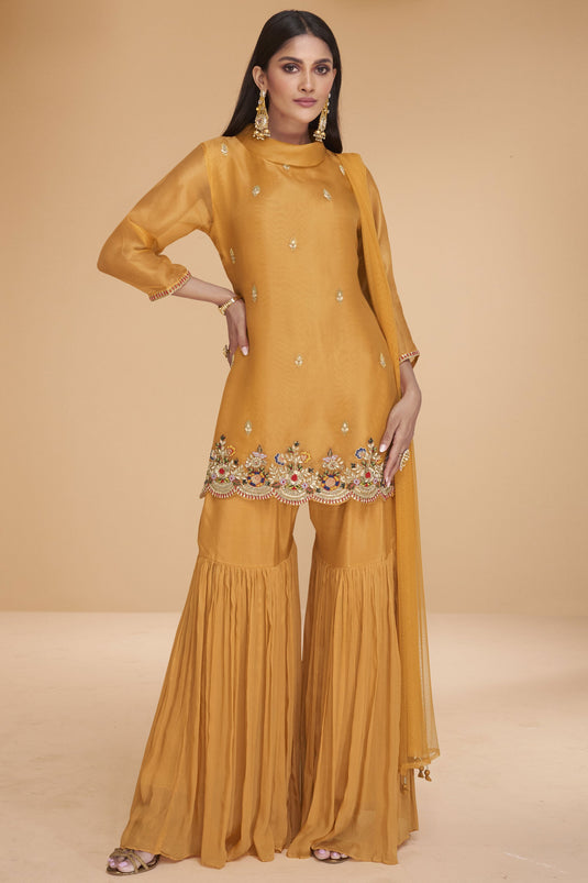 Radiant Mustard Color Readymade Sharara Suit In Organza Silk Fabric