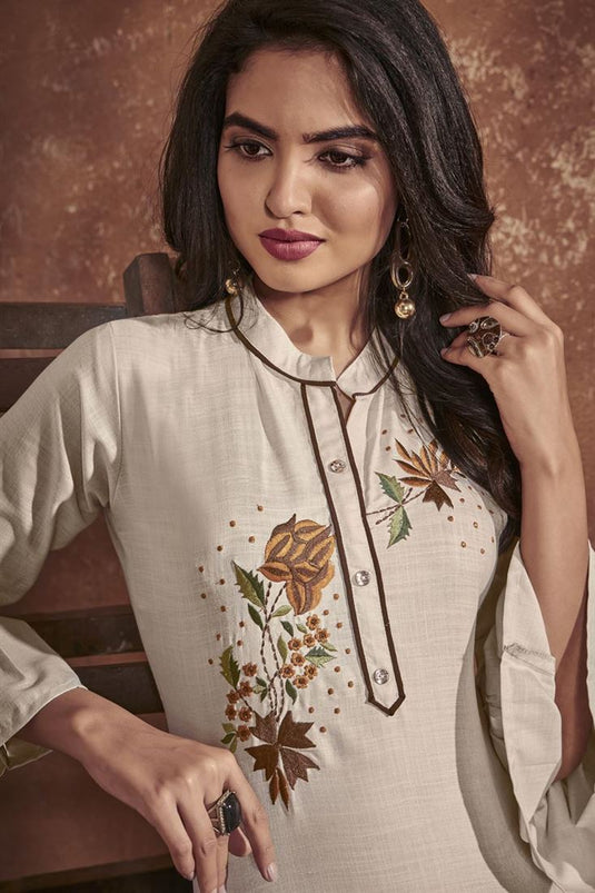 Daily Wear Beige Color Cotton Fabric Embroidered Kurti