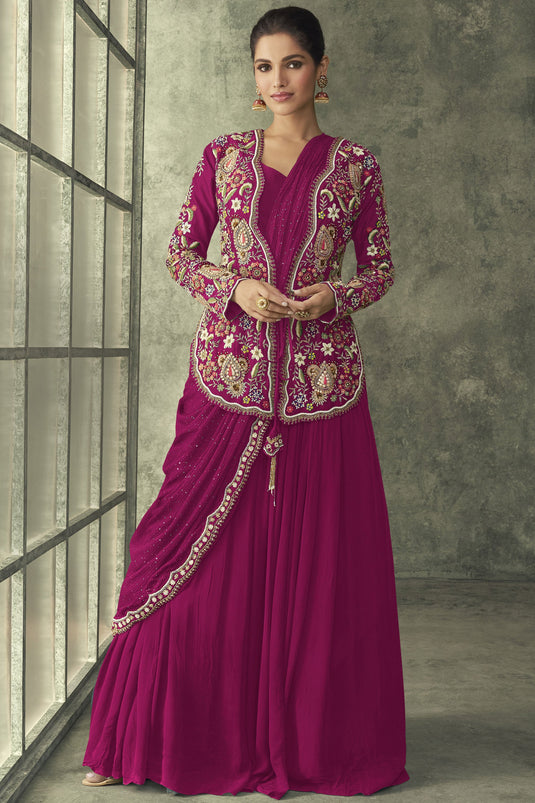 Georgette Magenta Color One Minute Readymade Party Wear Gown With Embroidered Jacket