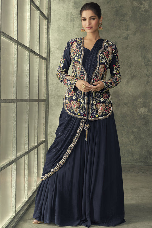 Blazeing Blue Georgette Ready To Wear Gown With Embroidered Jacket