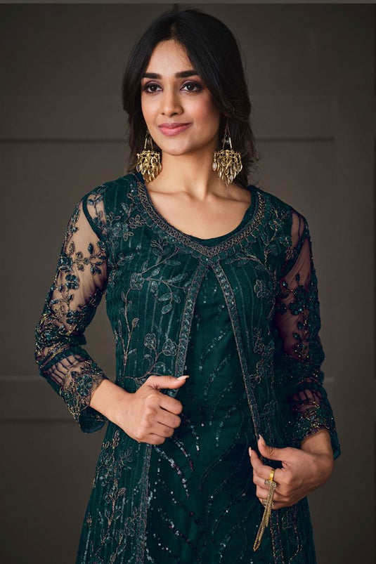 Net Fabric Party Style Salwar Suit With Koti In Teal Color