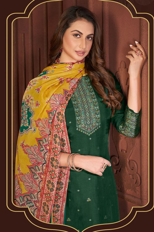 Marvellous Jacquard Fabric Festive Salwar Suit In Dark Green Color