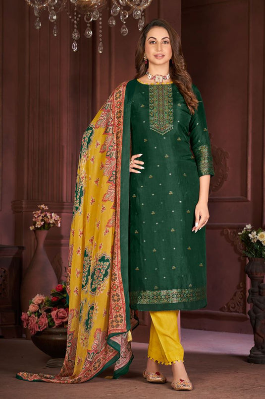 Marvellous Jacquard Fabric Festive Salwar Suit In Dark Green Color