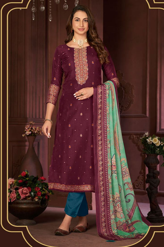 Excellent Jacquard Fabric Burgundy Color Festive Salwar Suit