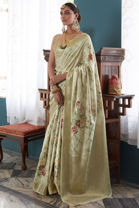 Festive Trend Cream Color Satin Silk Fabric Digital Printed Saree
