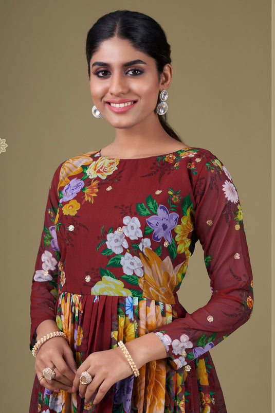 Georgette Fabric Maroon Color Digital Printed Elegant Anarkali Suit