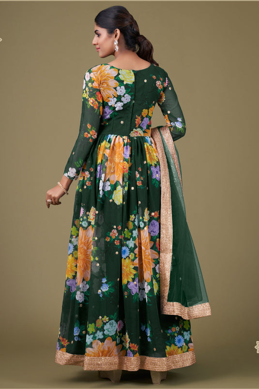 Green Color Georgette Fabric Digital Printed Vintage Anarkali Suit