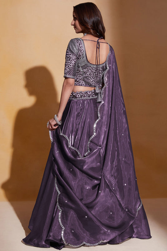 Organza Silk Fabric Purple Color Lehenga Choli For Wedding Function