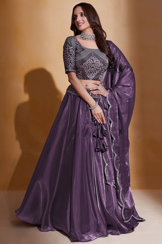 Organza Silk Fabric Purple Color Lehenga Choli For Wedding Function