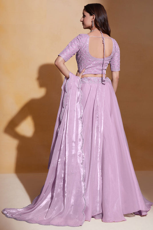 Pink Color Embroidered Wedding Wear Lehenga Choli In Organza Silk Fabric
