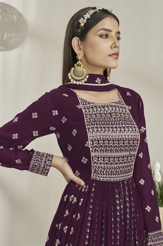 Fascinating Purple Color Georgette Fabric Party Style Palazzo Suit