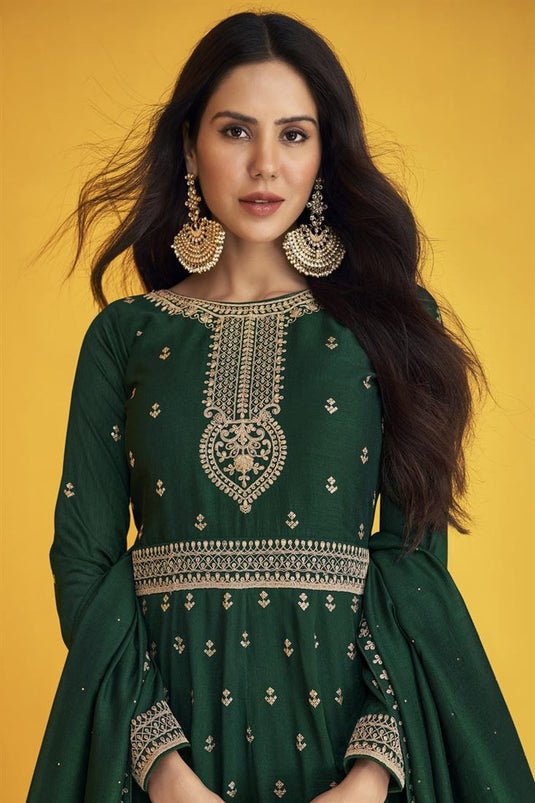 Dazzling Green Color Sonam Bajwa Anarkali Suit In Art Silk Fabric
