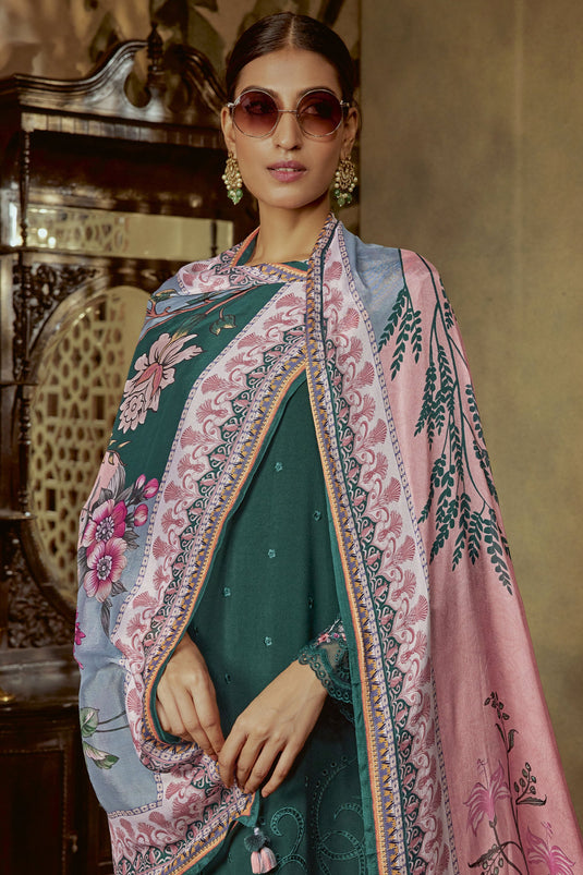 Art Silk Parsi Embroidered Function Wear Beautifull Teal Color Long Straight Cut Salwar Kameez