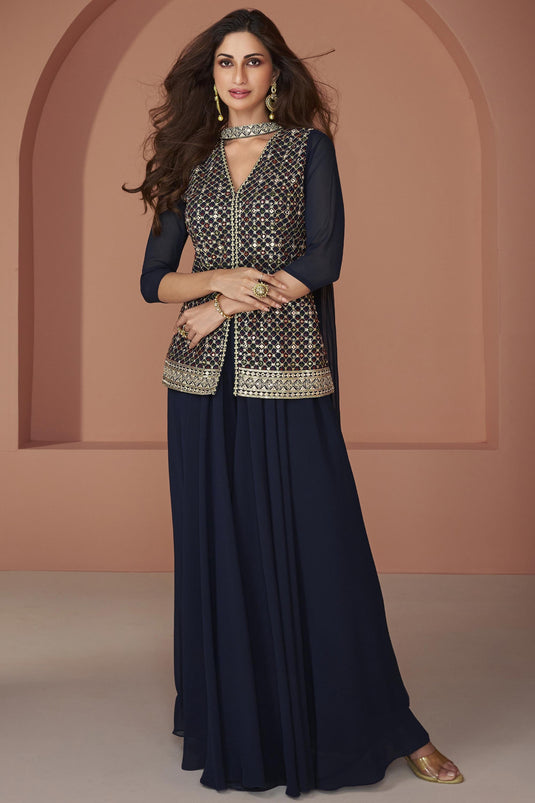 Navy Blue Color Embroidered Readymade Designer Indo Western Palazzo Suit