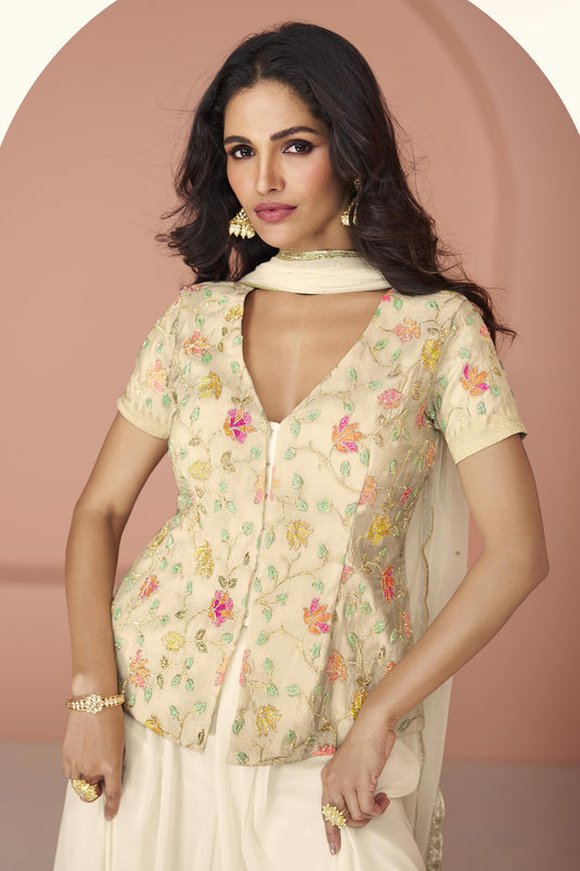 Georgette Fabric Off White Color Embroidered Readymade Designer Indo Western Palazzo Suit