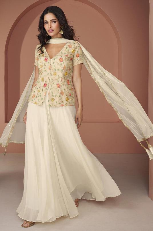 Georgette Fabric Off White Color Embroidered Readymade Designer Indo Western Palazzo Suit