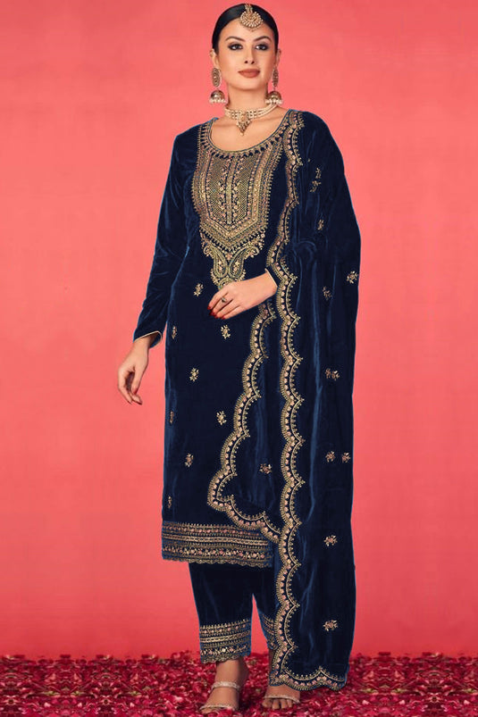 Velvet Fabric Navy Blue Color Charismatic Embroidered Work Salwar Suit