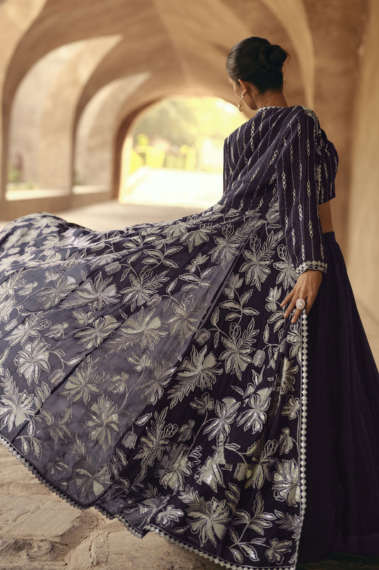 Chinon Fabric Embroidered Purple Color Readymade Indo Western Lehenga Choli With Long Shrug