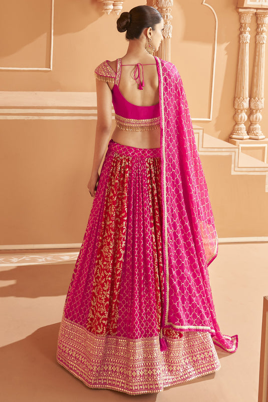 Embroidered Fancy Fabric Wedding Wear Readymade Lehenga In Rani With Ravishing Blouse