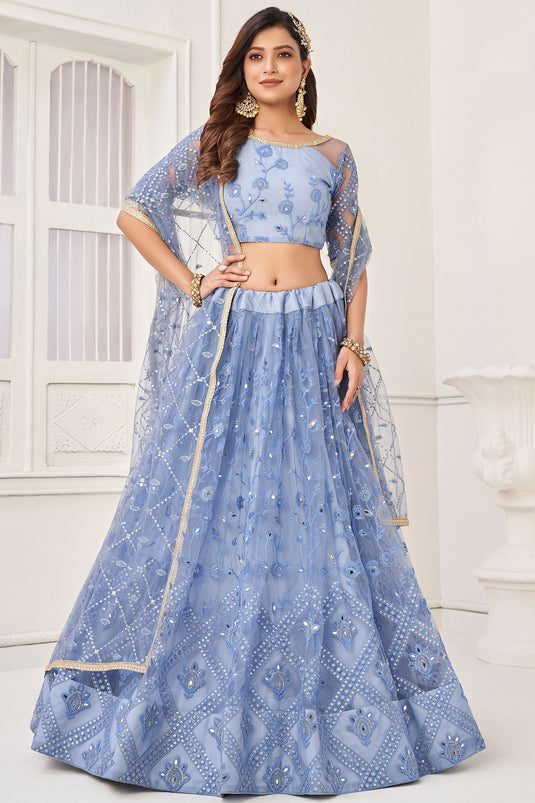 Blue Net Occasion Wear Lehenga Choli With Embroidery Work