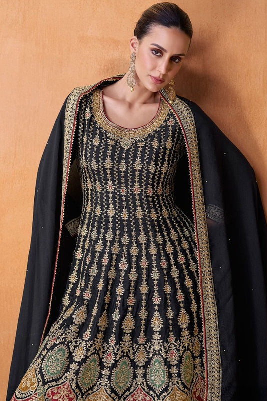 Georgette Fabric Navy Blue Color Festive Wear Embroidered Palazzo Salwar Kameez