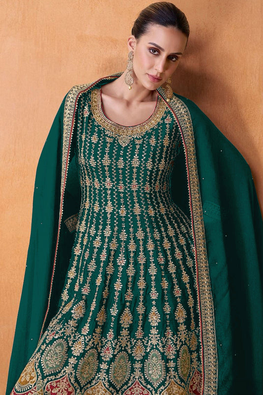 Georgette Fabric Embroidered Function Wear Palazzo Salwar Kameez In Dark Green Color