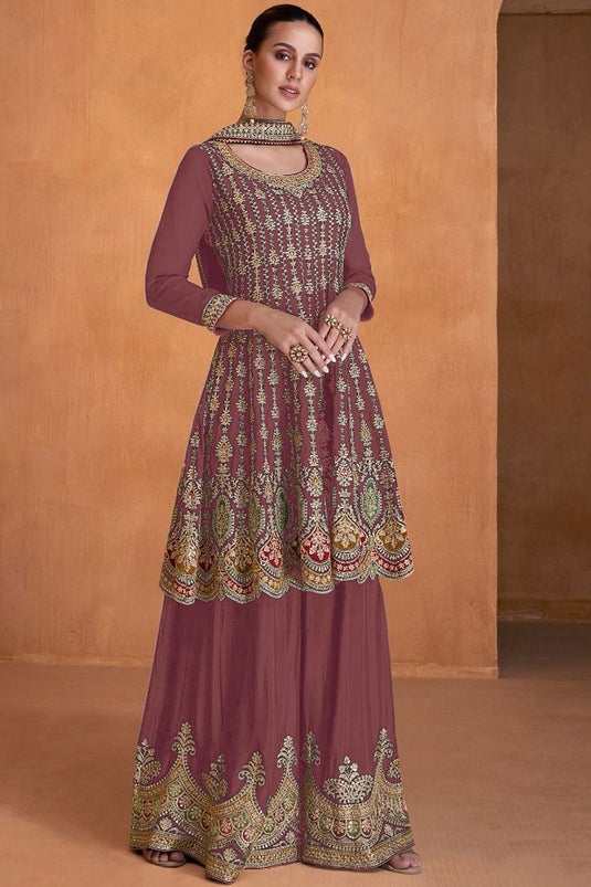 Embroidered Rust Color Palazzo Salwar Kameez In Georgette Fabric