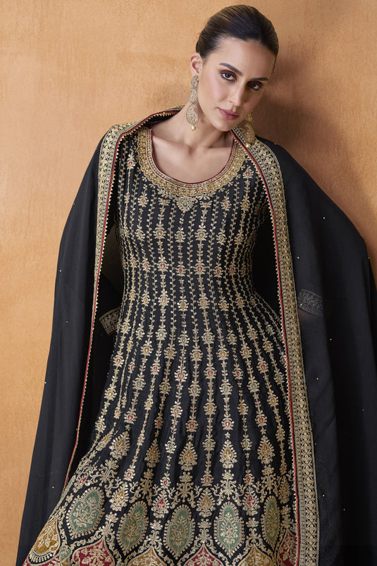 Black Color Function Wear Embroidered Designer Readymade Sharara Style Suit In Chinon Fabric