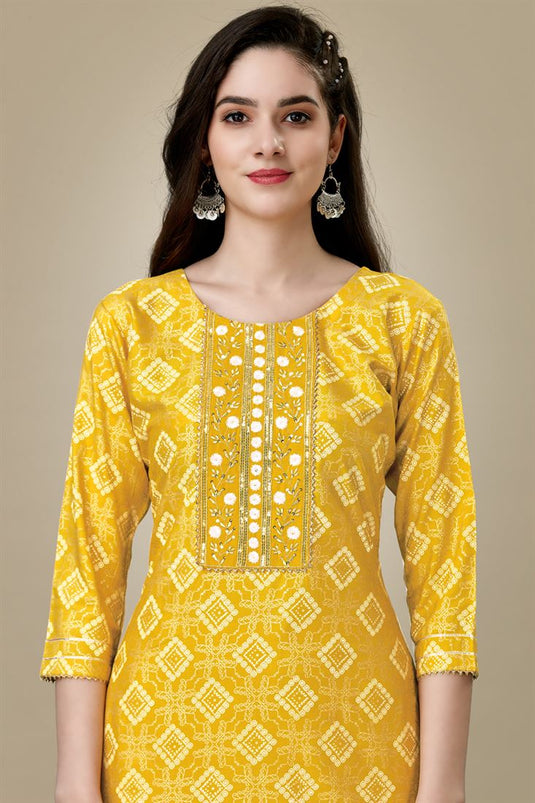 Yellow Color Lovely Rayon Fabric Kurti With Pant