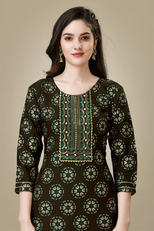 Elegant Brown Color Rayon Fabric Kurti With Pant