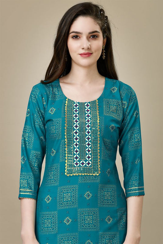 Teal Color Amazing Rayon Fabric Kurti And Pant