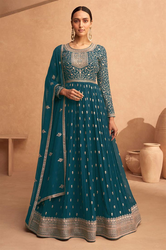 Teal Color Georgette Fabric Awesome Sangeet Wear Anarkali Suit