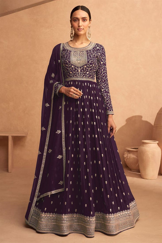 Stunning Georgette Fabric Purple Color Sangeet Wear Anarkali Suit