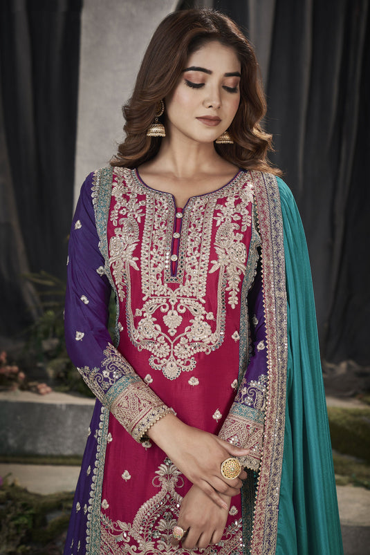 Rani Color Embroidered Festive Wear Readymade Punjabi Style Palazzo Suit In Chinon Fabric