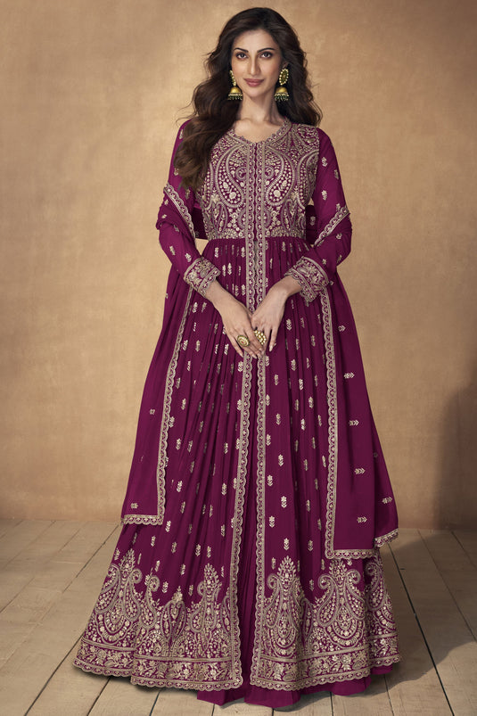 Sangeet Wear Embroidered Readymade Long Sharara Top Lehenga In Georgette Fabric Burgundy Color