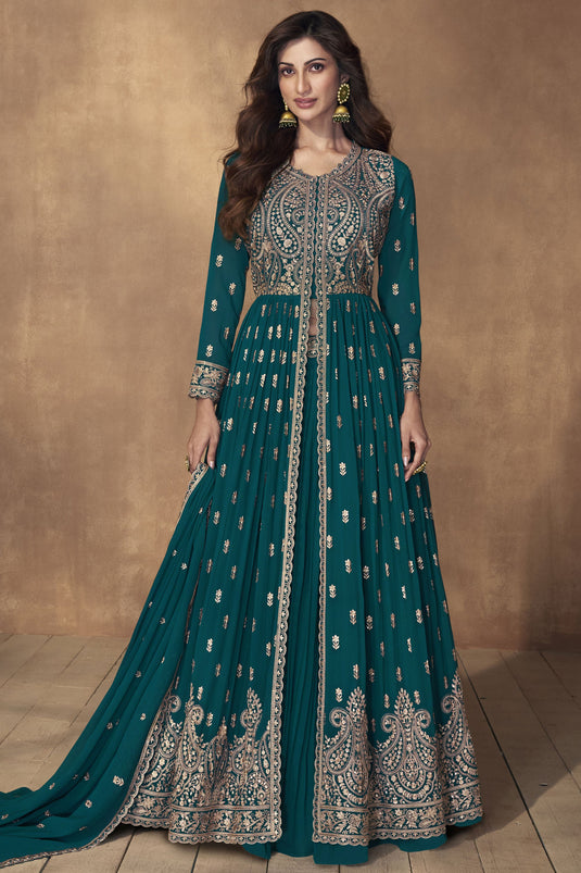 Embroidered Teal Color Sangeet Wear Readymade Long Sharara Top Lehenga In Georgette Fabric