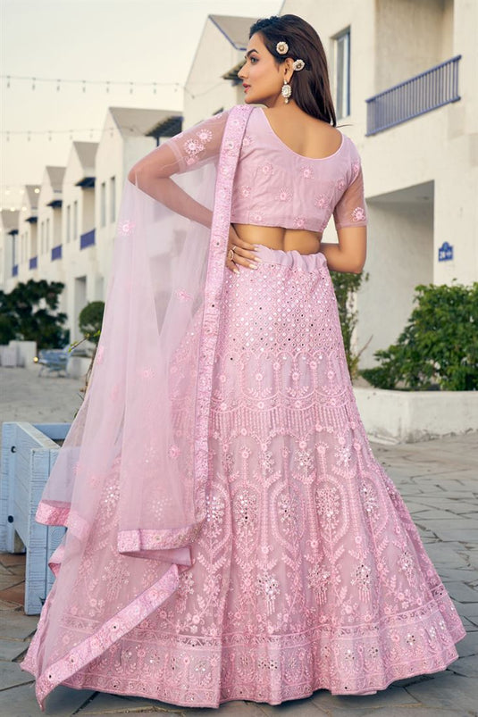 Fancy Fabric Captivating Pink Color Embroidered Lehenga