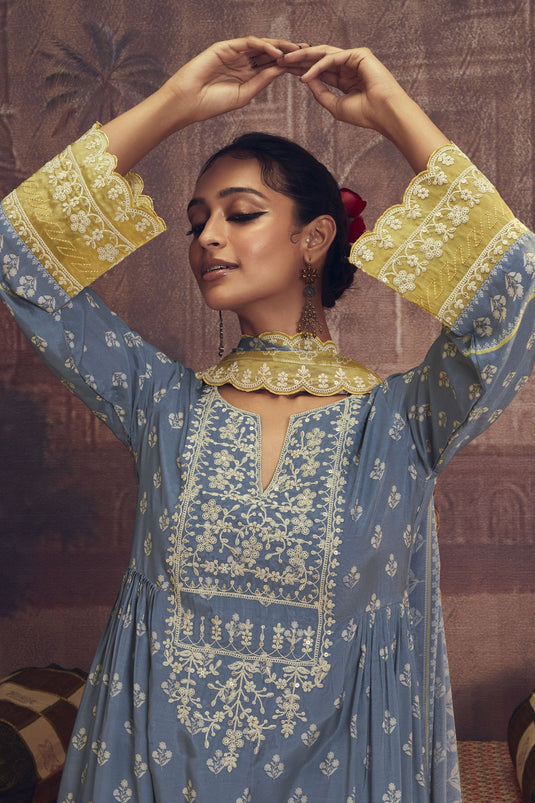 Muslin Fabric Blue Color Festive Wear Embroidered Palazzo Salwar Suit