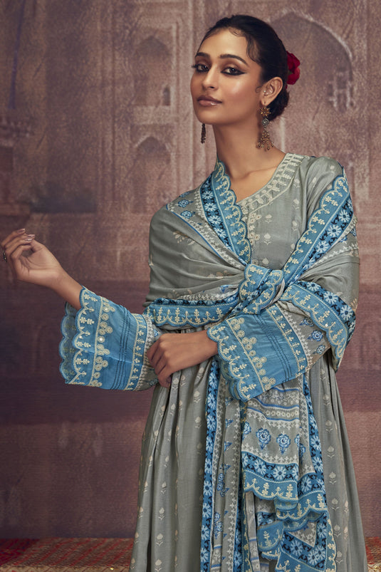 Embroidered Grey Color Palazzo Salwar Suit In Muslin Fabric