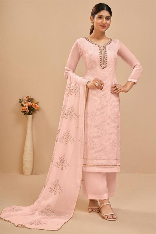 Charming Peach Color Festive Look Georgette Fabric Palazzo Suit
