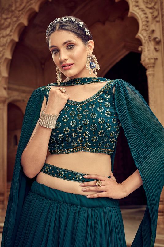 Georgette Fabric Teal Color Fantastic Function Style Readymade Lehenga