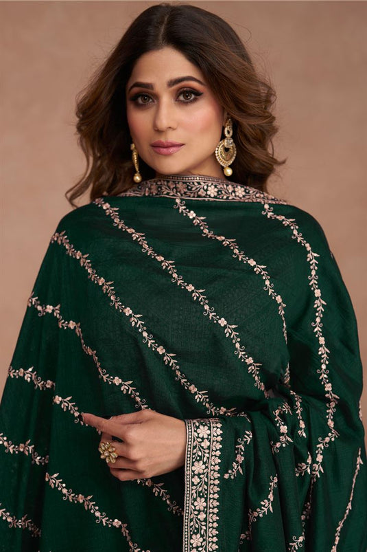 Shamita Shetty Art Silk Fabric Bewitching Anarkali Suit In Dark Green Color