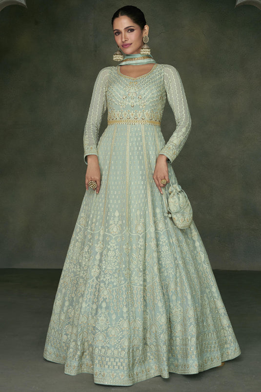 Light Cyan Color Embroidered Readymade Long Anarkali Style Gown With Dupatta