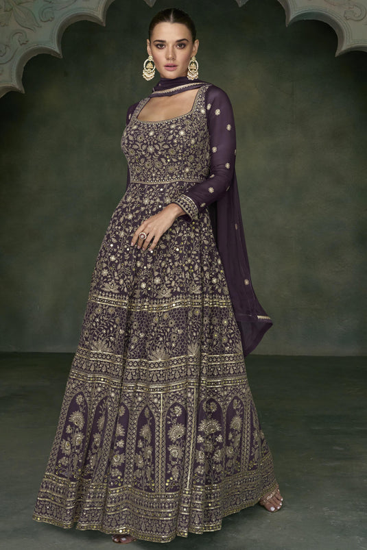 Embroidered Purple Color Readymade Long Anarkali Style Gown With Dupatta